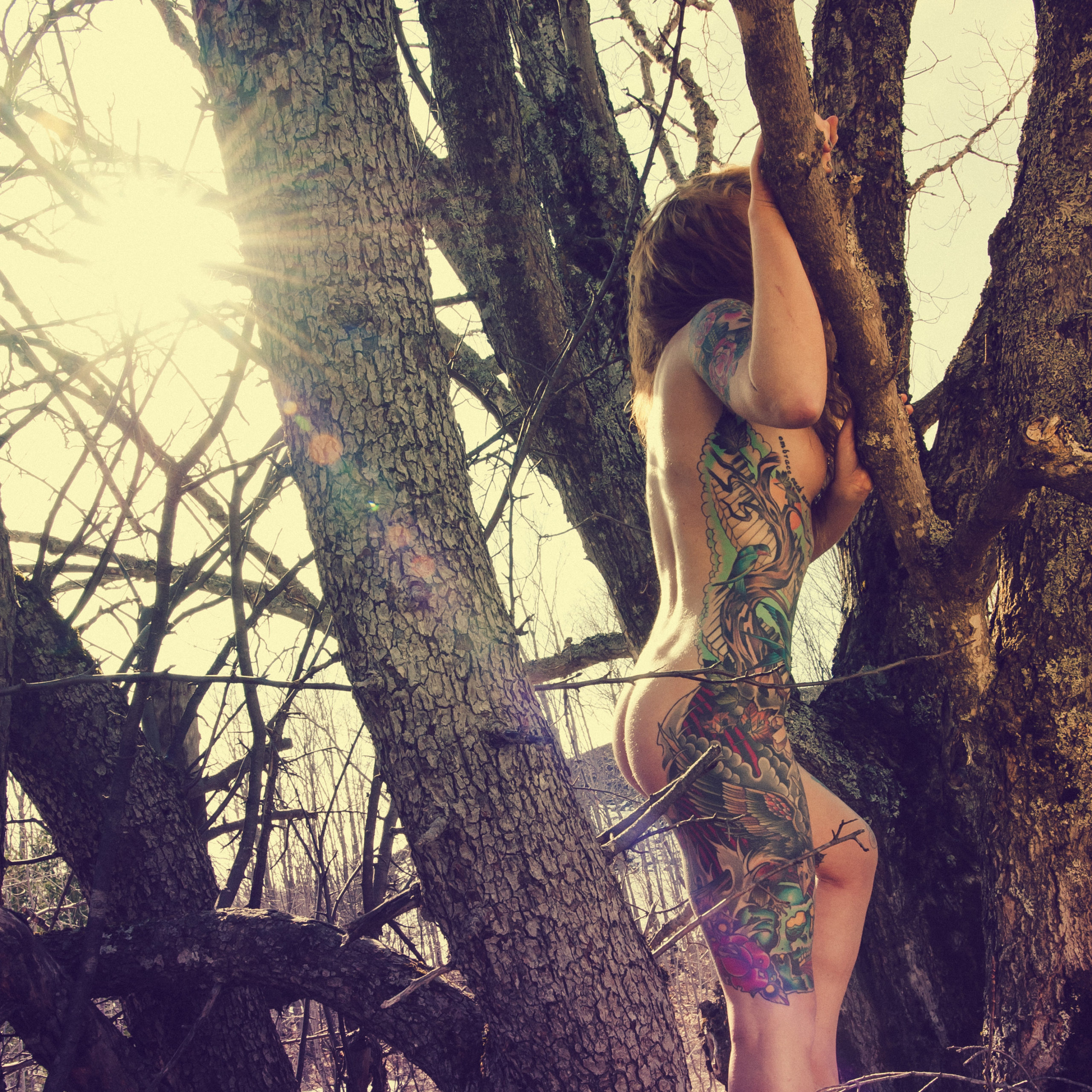 Tatted, naked woman in tree